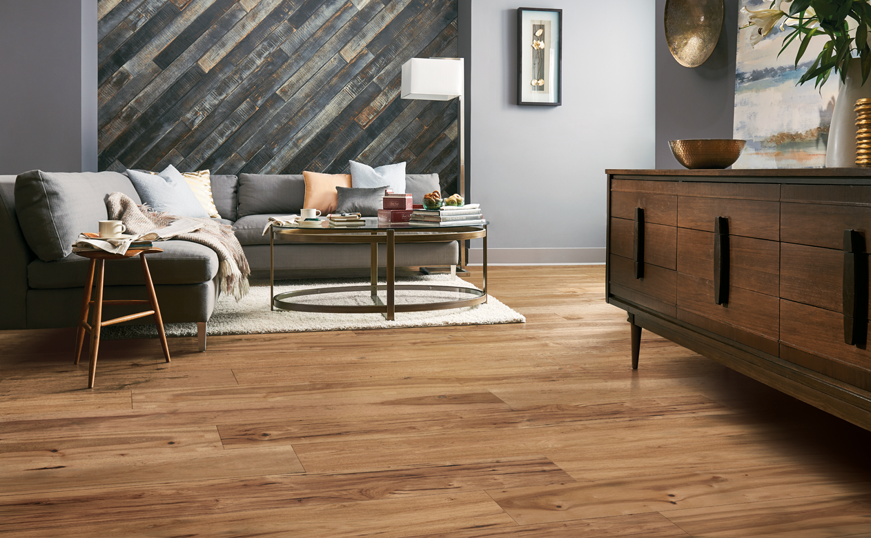 stained hardwood flooring in living room